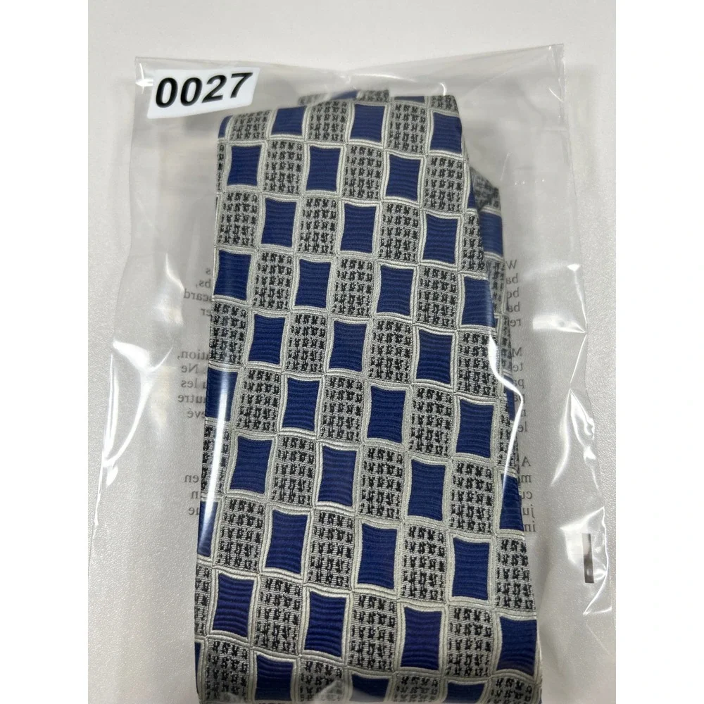 Stefano Milano Mens Silk Tie Blue Silver Geometric Square Pattern Handmade Italy